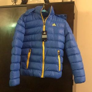 ADIDAS NWT LARGE DOWN PUFFY COAT BLUE & YELLOW NEW